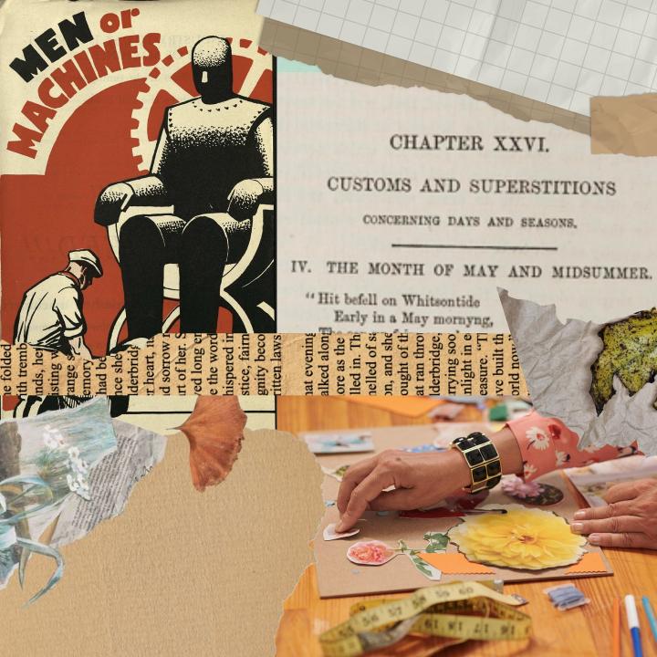 Image of collaged materials and a person taking part in a zine making workshop