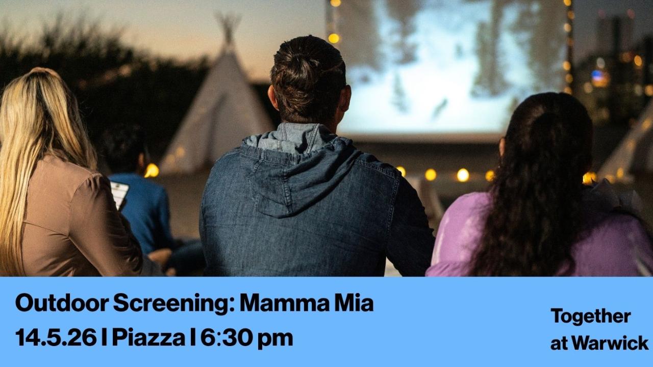 students sit together facing outdoor cinema screen. Text: 14.5.26, piazza, 6:30pm