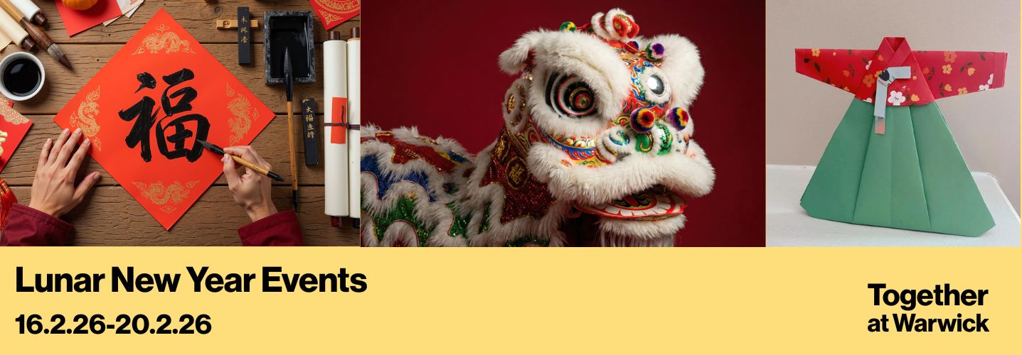 Web Banner: Lunar New Year Events 16.2.26-20.2.26, Images of Calligraphy, Lion Dance and Origami