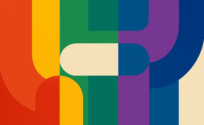 An abstract image composed of thick rainbow coloured lines and shapes.