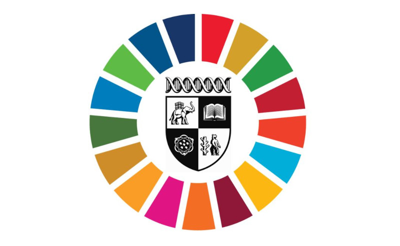 The University crest, surrounded by a circle made of colourful wedges.