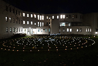 The Labyrinth outside the Chaplaincy, lit up with tealights