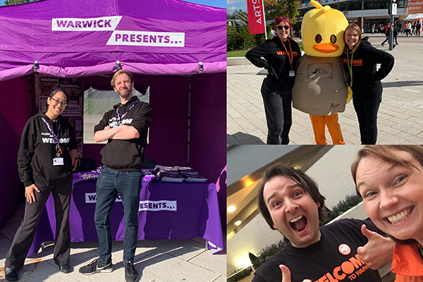 From left, clockwise: Poonam Pedley, Jamie Yapp, Jenny John, a WarwickSU duck mascot, Claire Caine, Will Thomas, Claire Caine