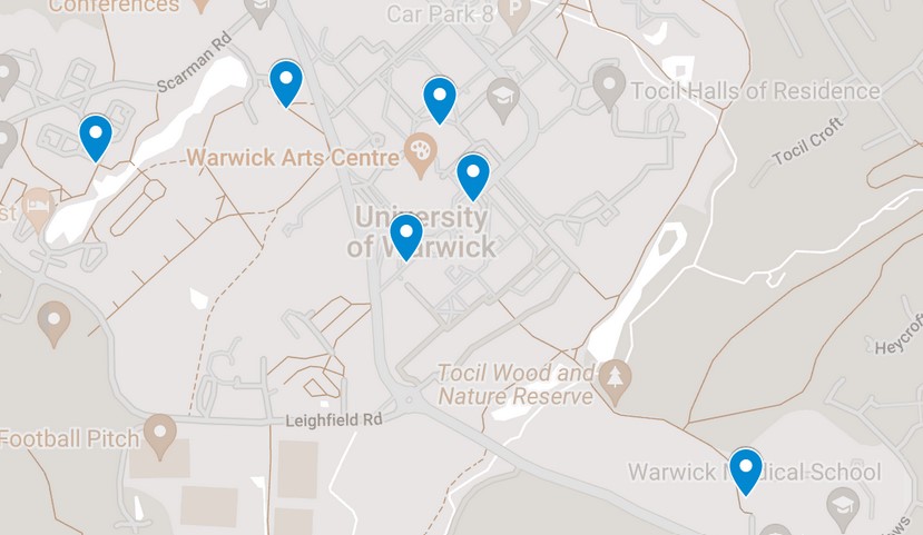 A map of campus showing locations of the six bins