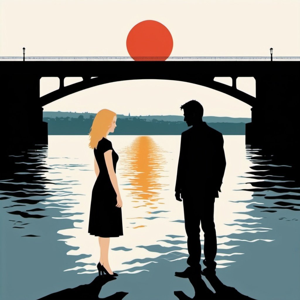 An AI cartoon of a man and a woman underneath a bridge at sunset