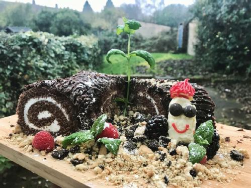 festive yule log with mint sprigs and berries