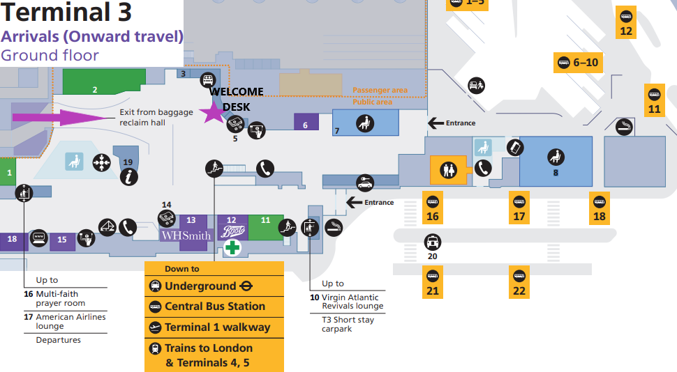 Image showing location of Welcome Helpers at T3 Heathrow over Arrivals