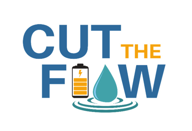 CUT THE FLOW logo, the L is a battery and the O is a water droplet.