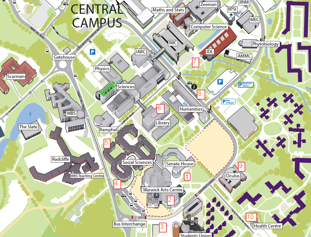 A map of central campus with numbered locations