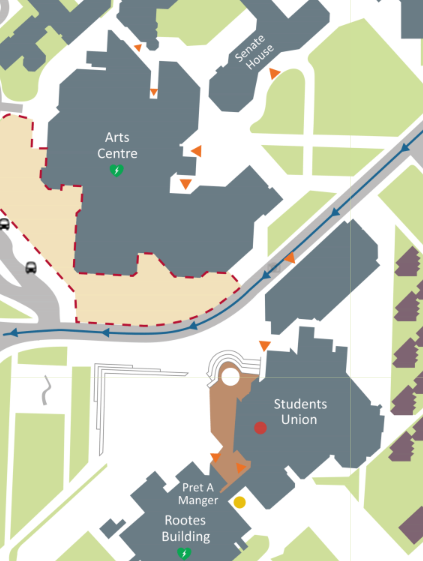 A map of the Students Union Building and the Arts Centre