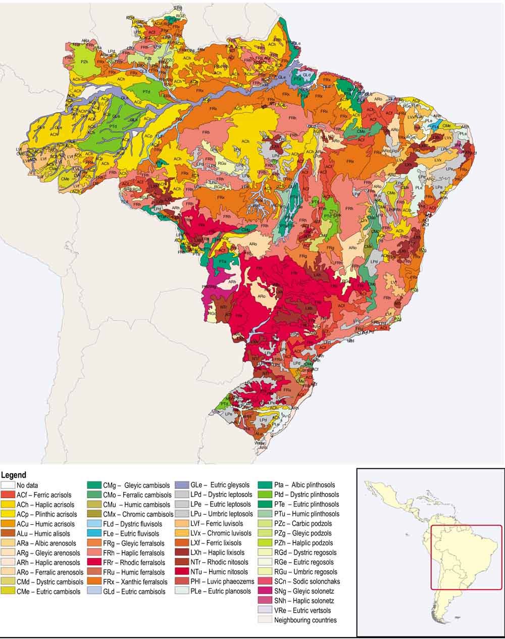 Dominant soils in Brazil. Source: Soils and terrain database for Latin America and the Caribbean, FAO-ISRIC-UNEP, 1998. FAO-GIS Jan. 2004