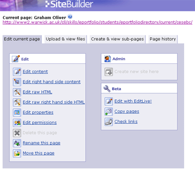 Screenshot of main sitebuilder edit menu.