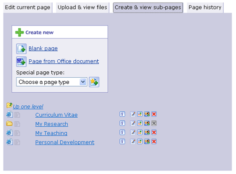 Screenshot of the 'Create & view sub-pages' tab