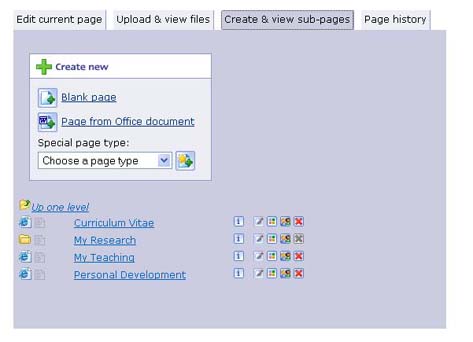 Screenshot of the 'Create & view sub-pages' tab, in particular showing a list of the pages underneath the current page.