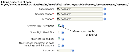 Screenshot of the page for editing properties.  The 'Show in local navigation' tick box is pointed too, with the message 'Make sure this box is ticked'.