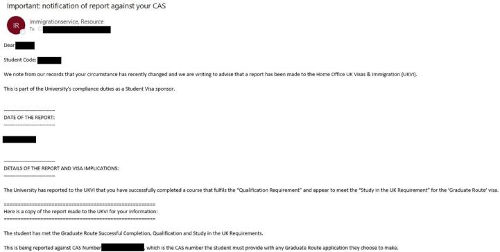 Notification of Report Against Your CAS Email mentioning Graduate Route