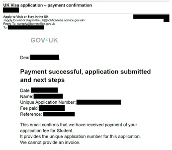 Image of payment confirmation email from UKVI
