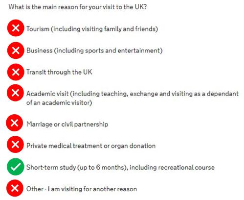 List of purpose options to select. You should select Short-term study.