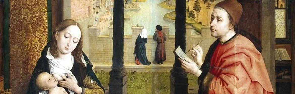 An image of Saint Luke Drawing the Virgin, a large oil and tempera on oak panel painting, usually dated between 1435 and 1440, attributed to the Early Netherlandish painter Rogier van der Weyden. 