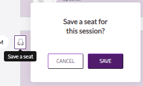 This image shows a screenshot from the virtual open days platform on how to save a seat for a session