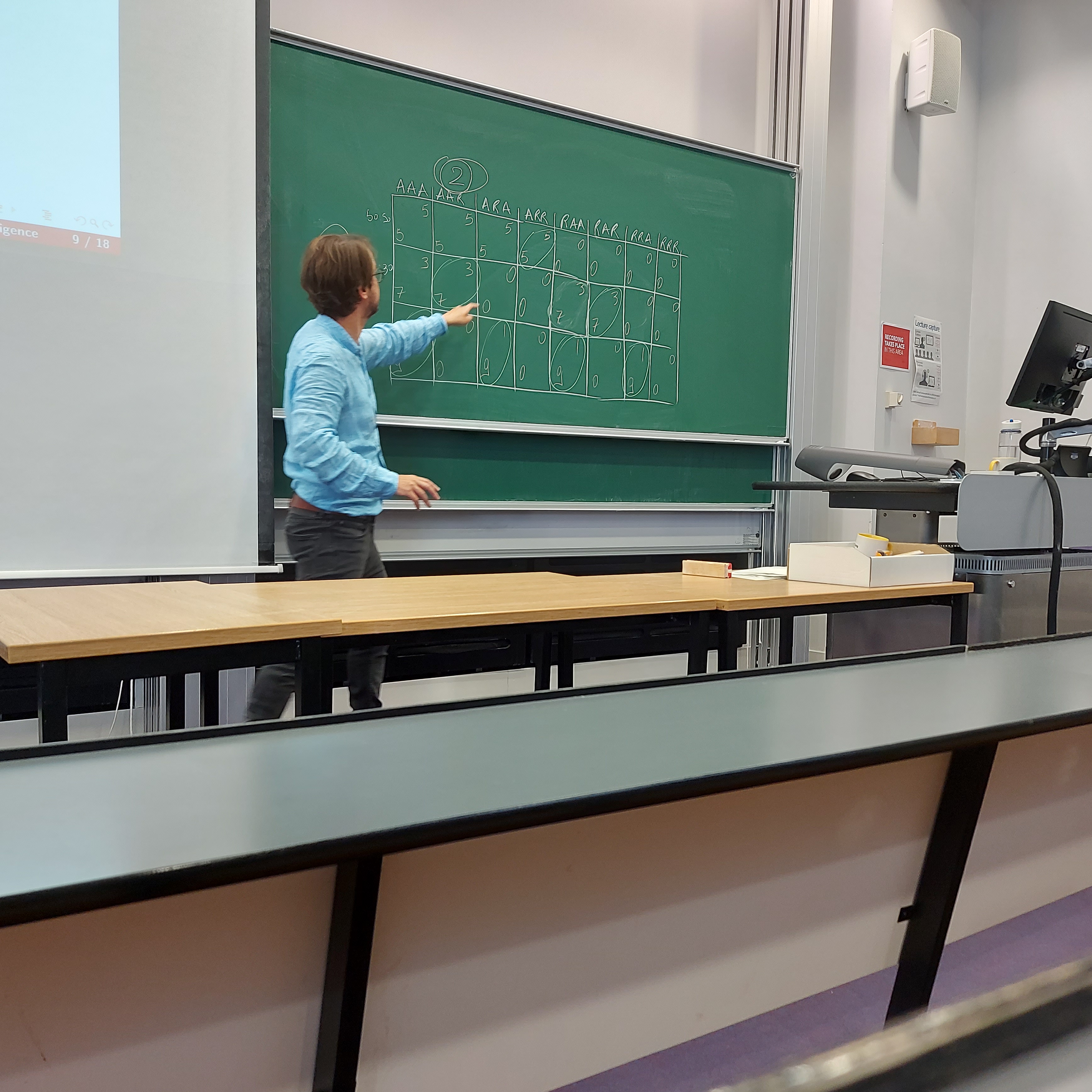 IMage of lecture teaching a class with writing on whiteboard
