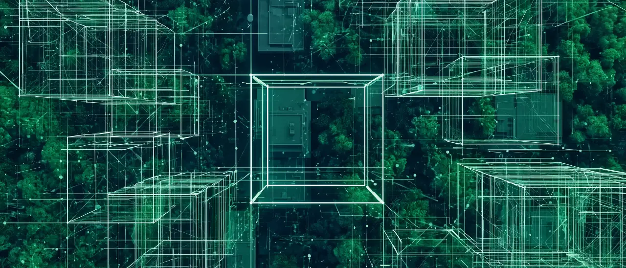 Digital wireframe structures over a forest, representing AI, digital futures and society.