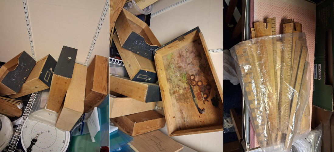 Drawers and vintage rulers that were destined for waste