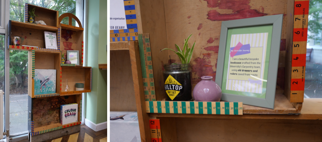 Old drawers and rulers are transformed into a unique bookcase