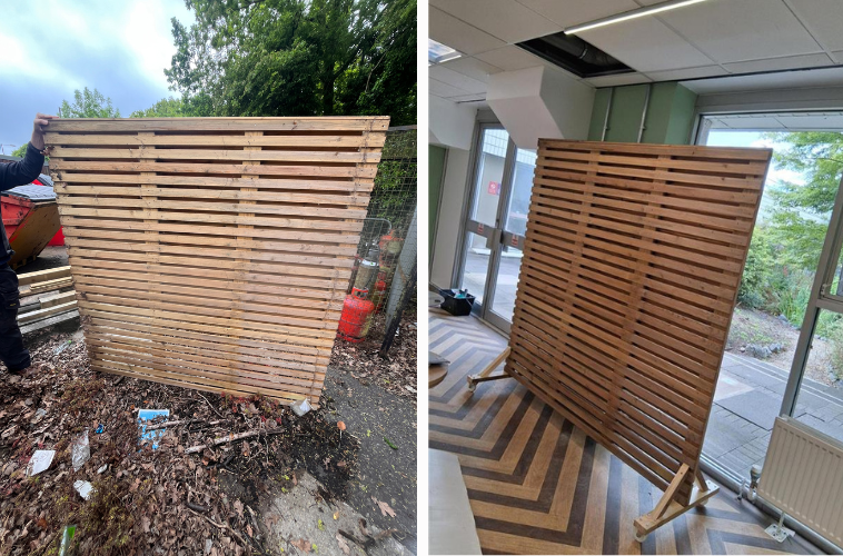 An old fence panel, which had been abandoned at a scrapyard was transformed it into a practical room divider for the Hub. 