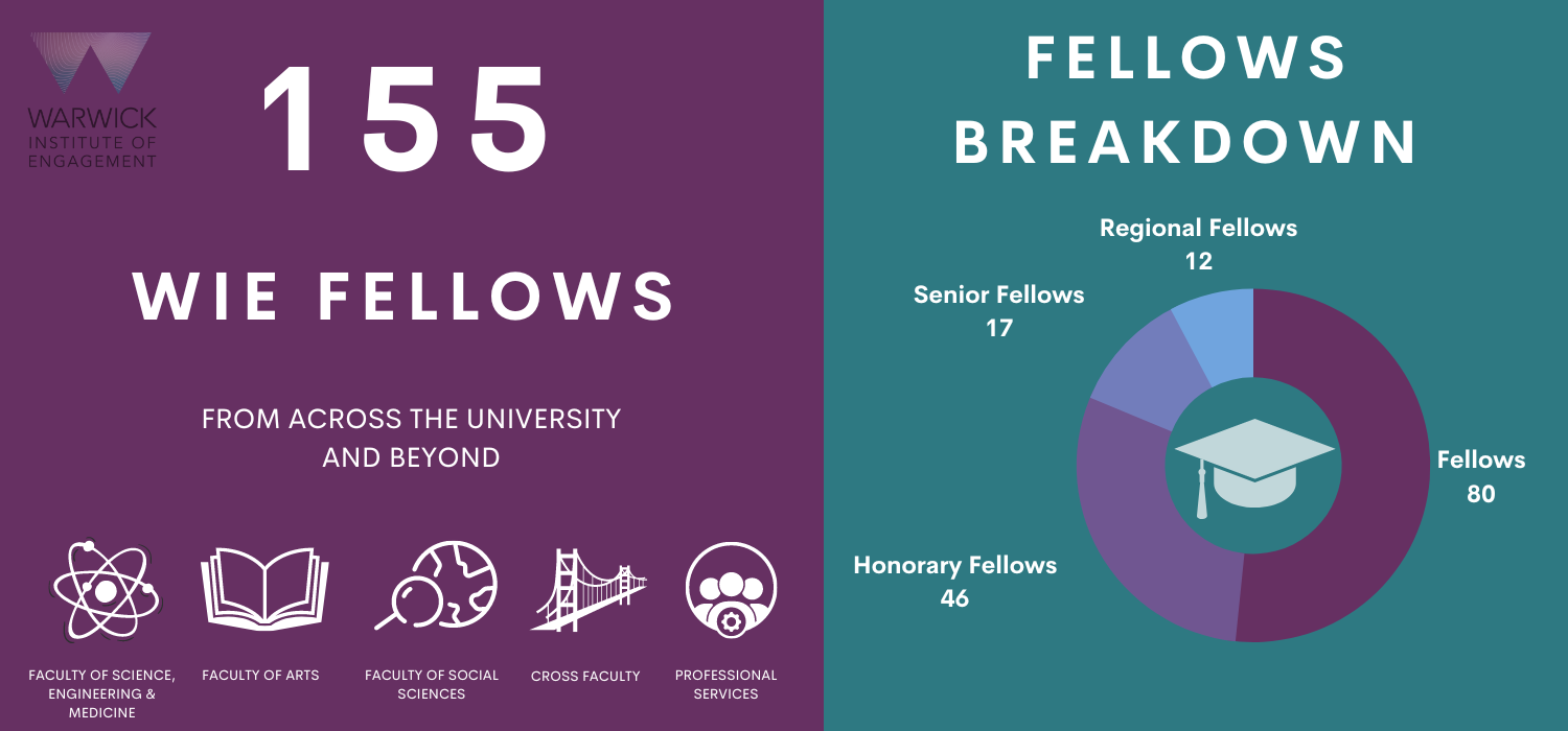 Infographic showing that WIE has 154 fellows from all departments of the university and shows the structural breakdown of the fellows (12 regional fellows; 80 fellows; 46 honorary fellows; 16 senior fellows).