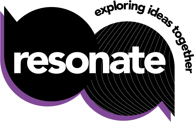 Resonate Logo: two interconnected speech bubbles with the word 'Resonate' in them. Text surrounding the logo says 'exploring ideas together'. 