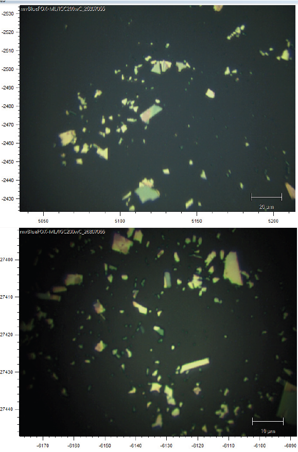 Images of MoS2 nanoflakes on a SiO2 substrate by Khush Shah