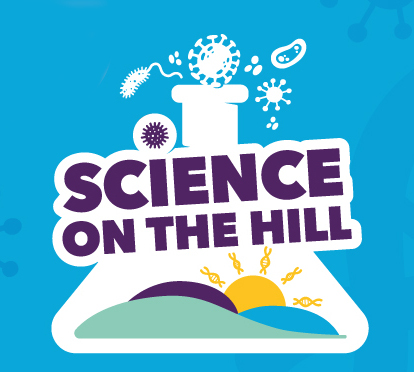Science on the Hill logo - drawing of test tube with microbes coming out of it on a blue background. Text reads Science on the Hill