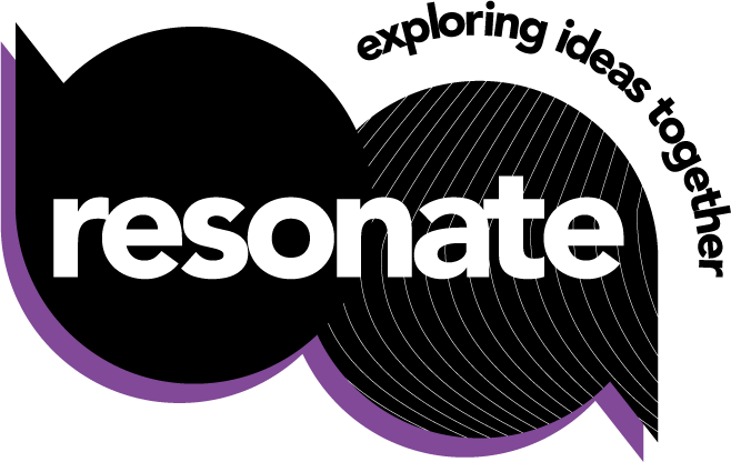 Resonate logo. Black speach bubble with the lext Resonate, Explore ideas together, set over colourful resonating waves