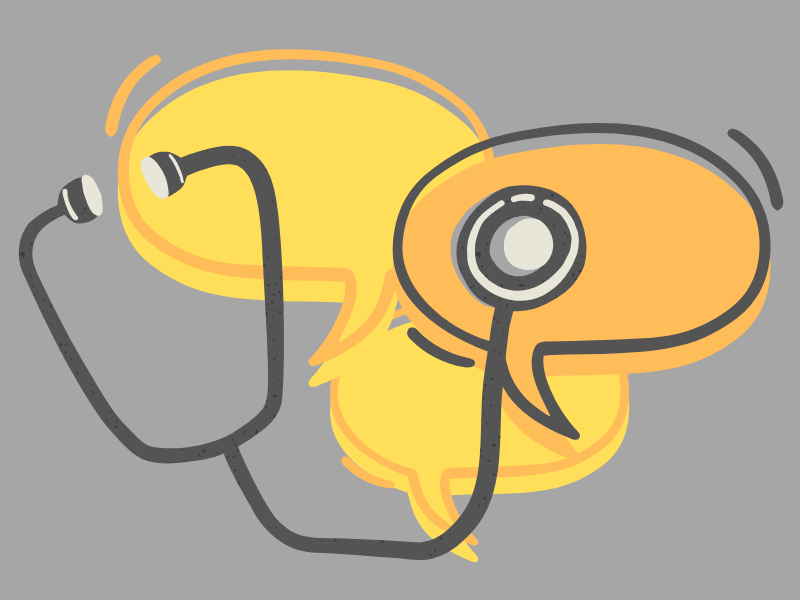 A drawing of a grey stethoscope over three yellow speech bubbles.