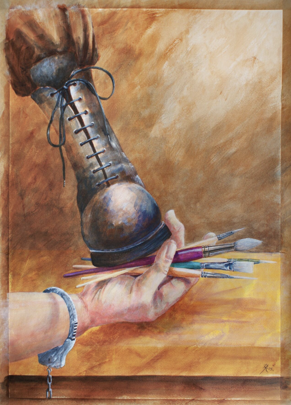 Painting of a hand holding paintbrushes and a boot