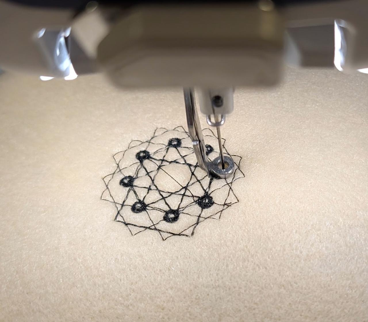 A sewing machine stitching a pattern onto fabric