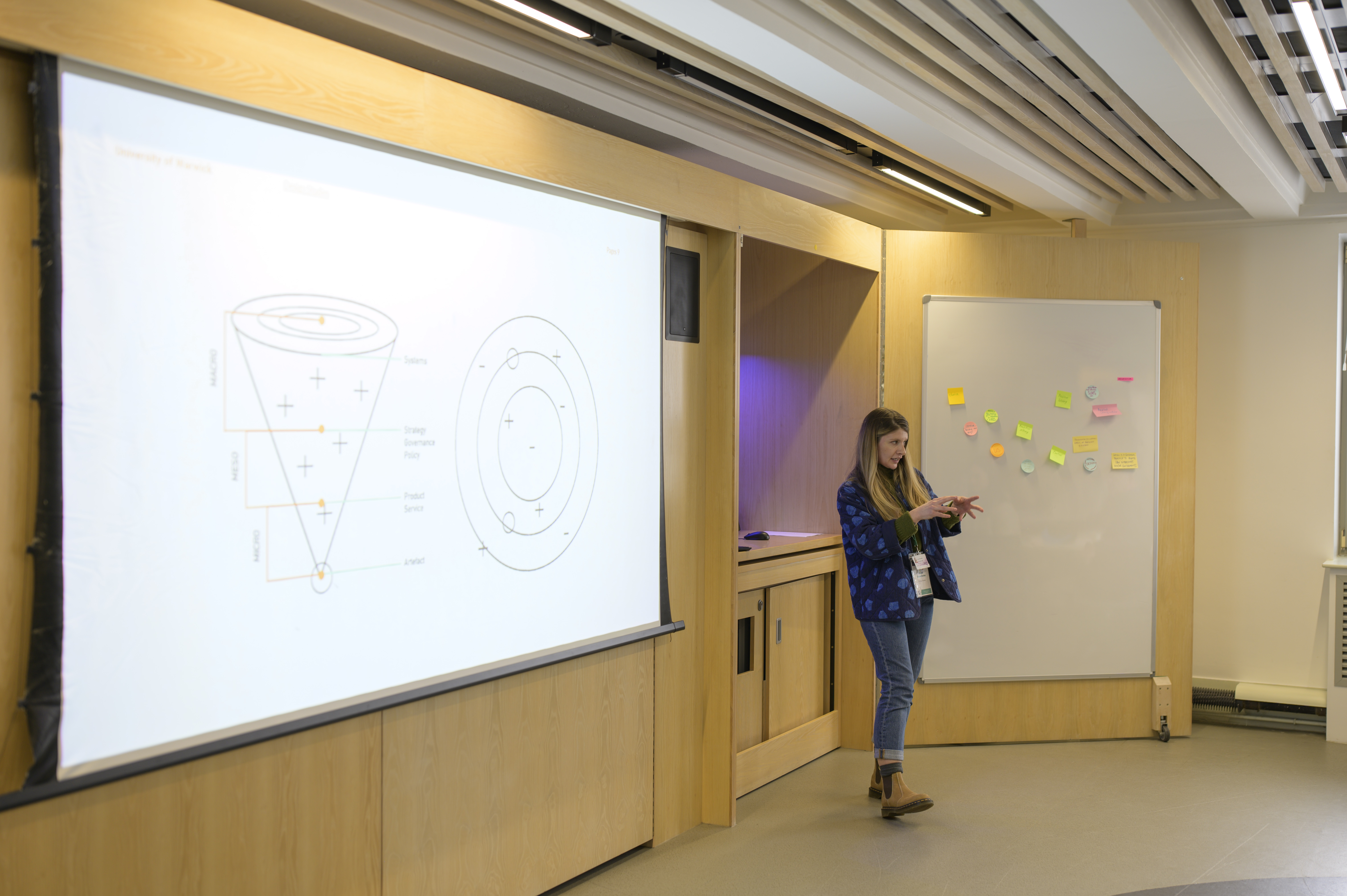 Adela gestures in front of a powerpoint.