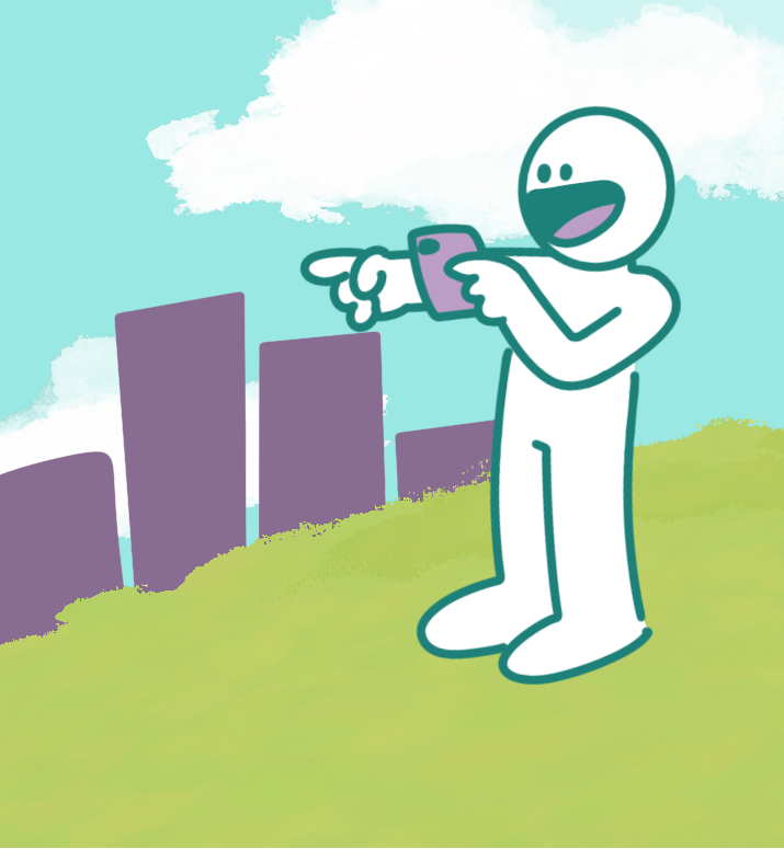 A cartoon person with their phone out, pointing at the purple skyscrapers in the background. They stand on a green hill against a blue sky. 