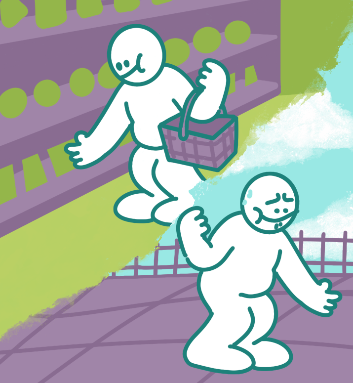 The image is divided into two halves. In the first half, a cartoon person is bending down to reach a lower shelf in a grocery store. In the second, the same person is doing the same pose. This time, they’re outdoors and looking a little uncomfortable. 