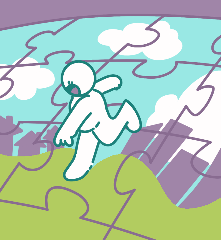 A cartoon person is balancing on one piece in a giant jigsaw puzzle. The puzzle shows a landscape with green hills, blue skies, purple buildings and houses, and fluffy white clouds. 
