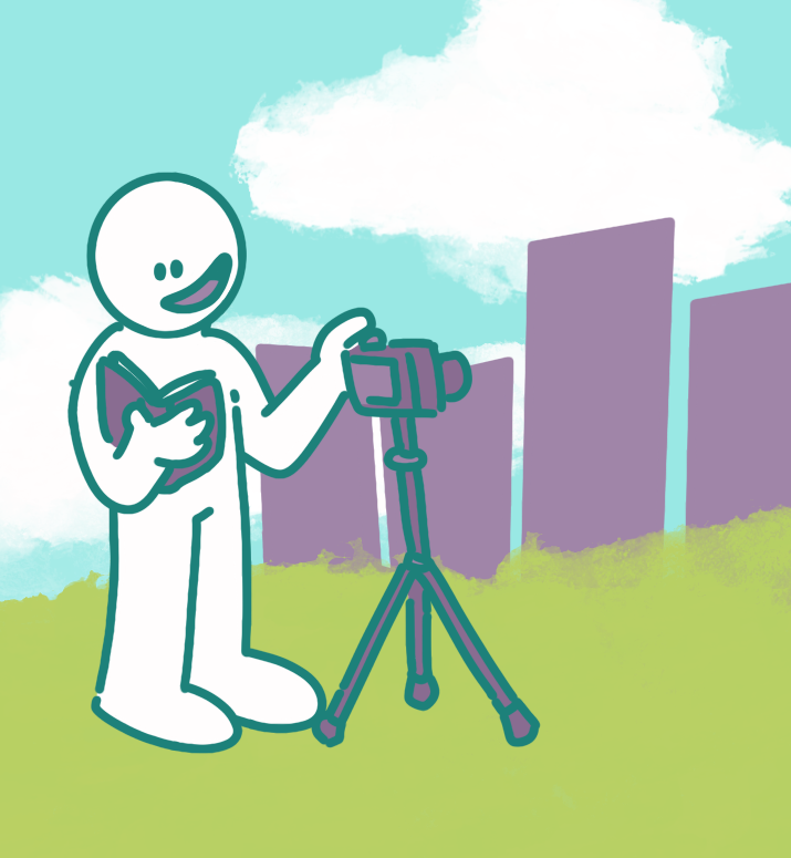 A cartoon person has one hand holding their book open, and the other on their camera, pointed at the purple skyscrapers in the background. They stand on a green hill against a blue sky.