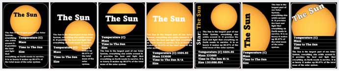 A set of black rectangles with facts about the sun written in red. The sun image (an orange circle) is placed in different positions on each card, with the title The Sun in different positions too. 
