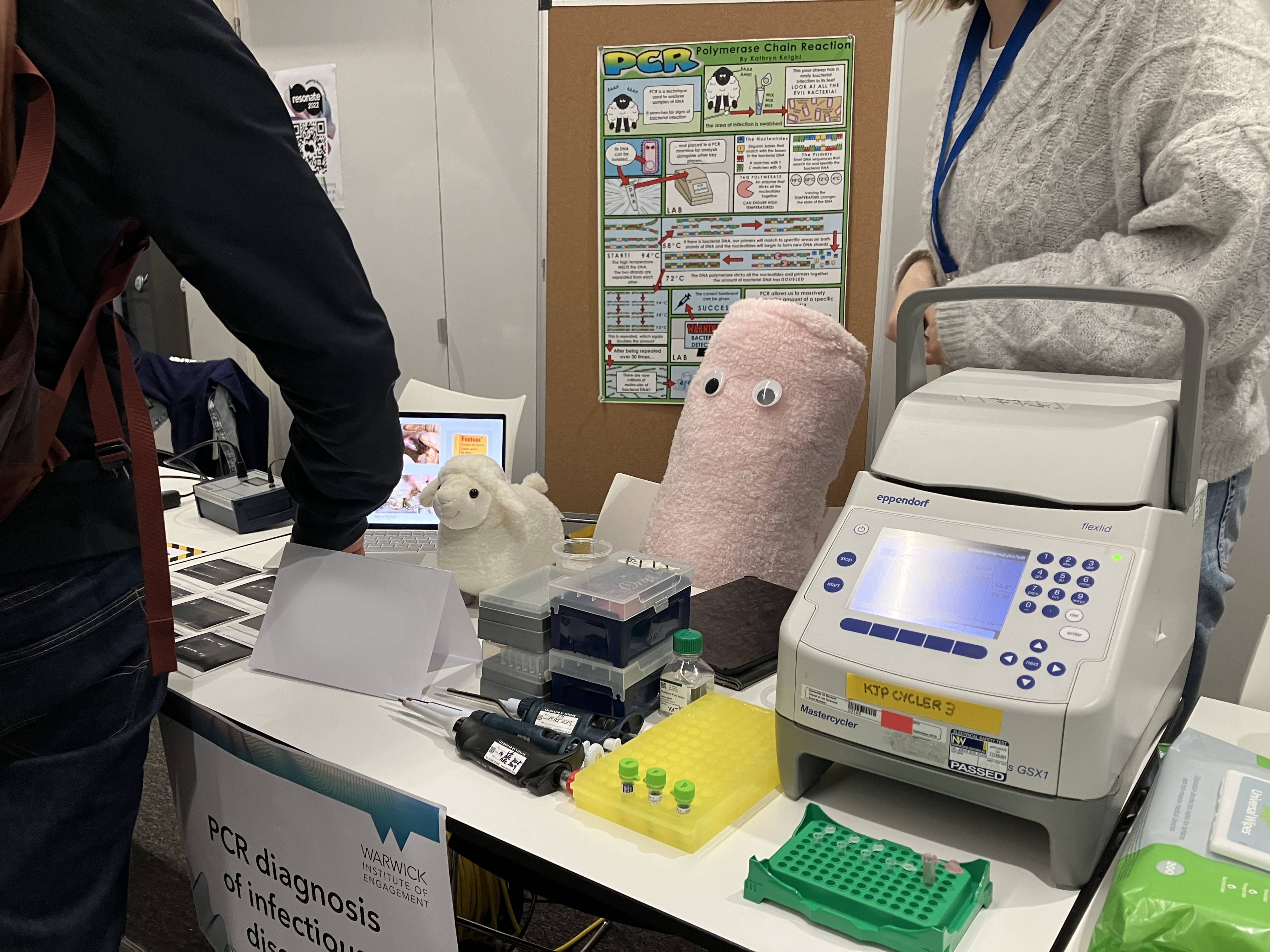 A PCR testing machine, some soft toys and some test holders on a table. 