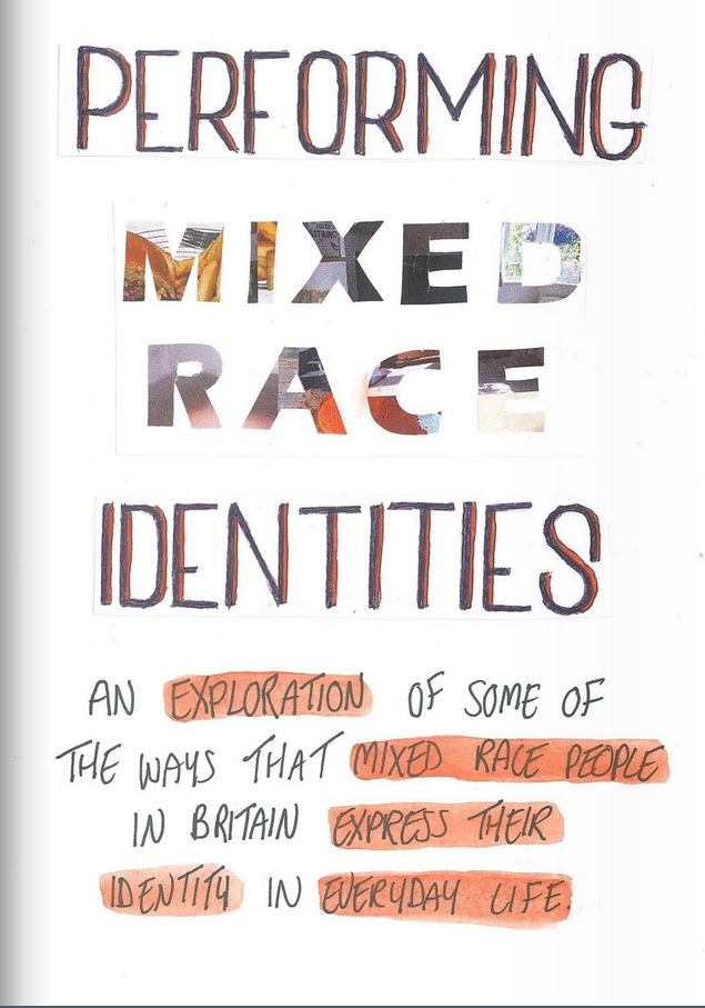A zine cover that says 'performing mixed race identities, an exploration of some of the ways that mixed race people in Britain express their identity in everyday life'.