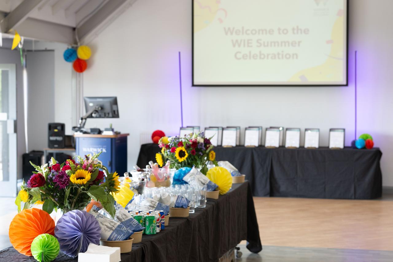 A table with flowers and food, with a table behind with certificates, and a screen that says 'Welcome to the WIE Summer Celebration' 