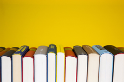 row of books against a yellow background