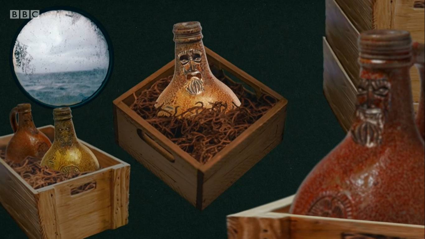 Screen shot from the animation showing various old fashioned bottles