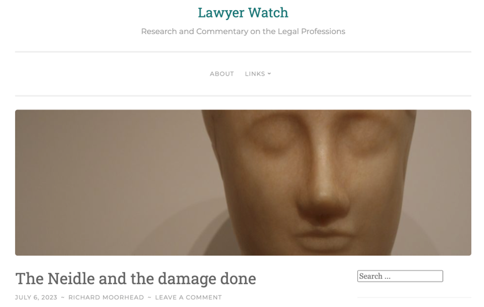 A screenshot of a page titled Lawyer Watch, with the subtitle Research and commentary on the legal professions. A picture of a face-shaped model or sculpture.