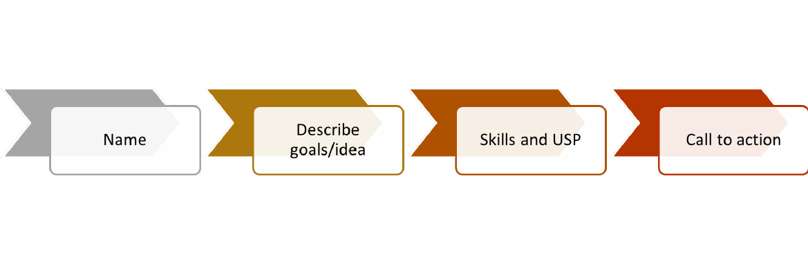 Image shows 4 consecutive arrows. Text over them read name - Describe goals/ idea - Skills and USP - Call to action
